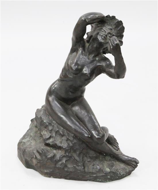 John Tweed (1869-1933). A bronze figure of a female bather seated upon a rock, 23in.